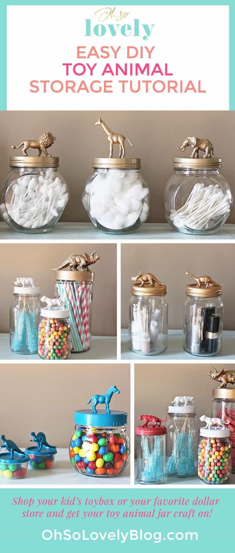 Easy and fun DIY toy animal storage jar tutorial. Raid your kid's toy box or your favorite dollar store and get your craft on!