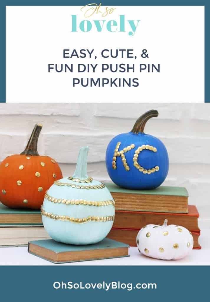 Try this easy and fun DIY push pin pumpkins tutorial. Gold thumb tacks are sure to pump up your pumpkins on a major budget this fall!