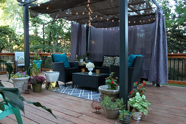 diy cabana updates with striped black and white shower curtains