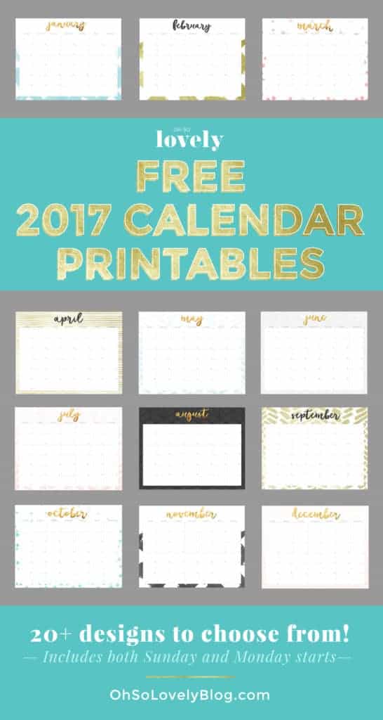 FREE 2017 Printable Calendars — 20+ options to choose from, plus both Sunday and Monday starts