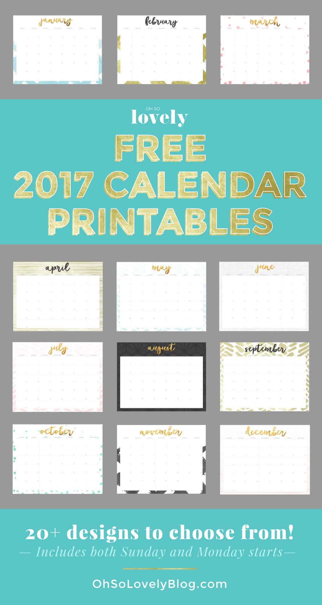 FREE 2017 Printable Calendars — 20+ options to choose from, plus both Sunday and Monday starts