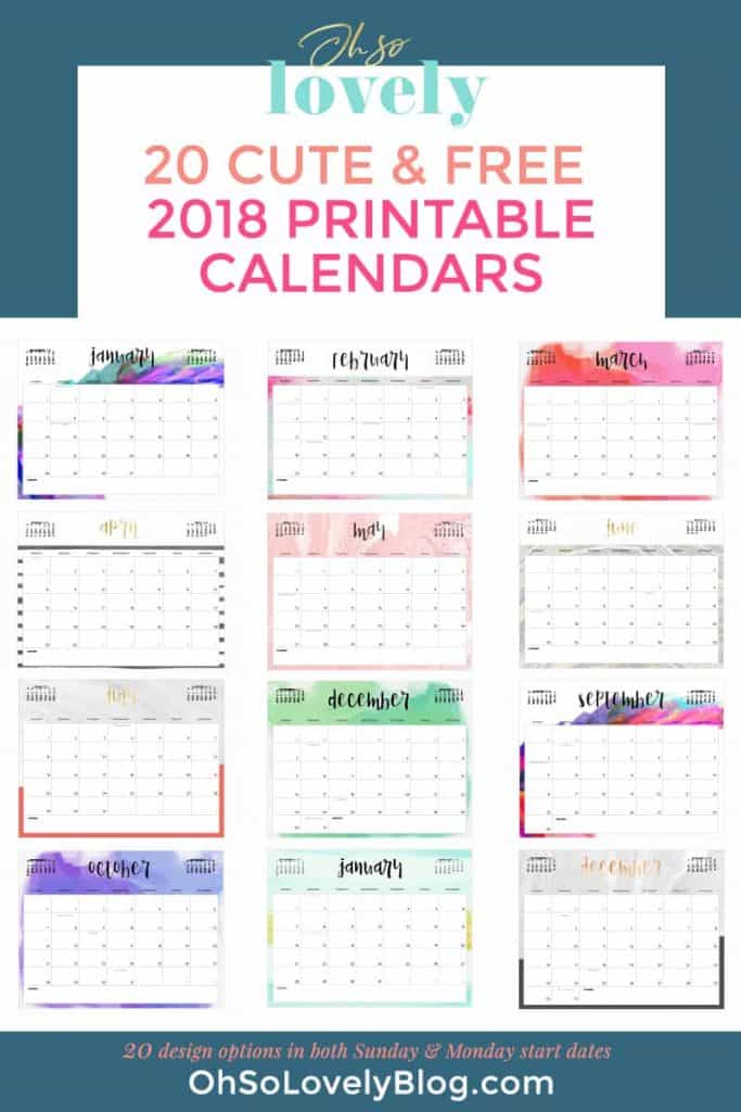 Download your FREE 2018 Printable Calendars today! There are 20+ designs to choose from in both Sunday and Monday start dates!