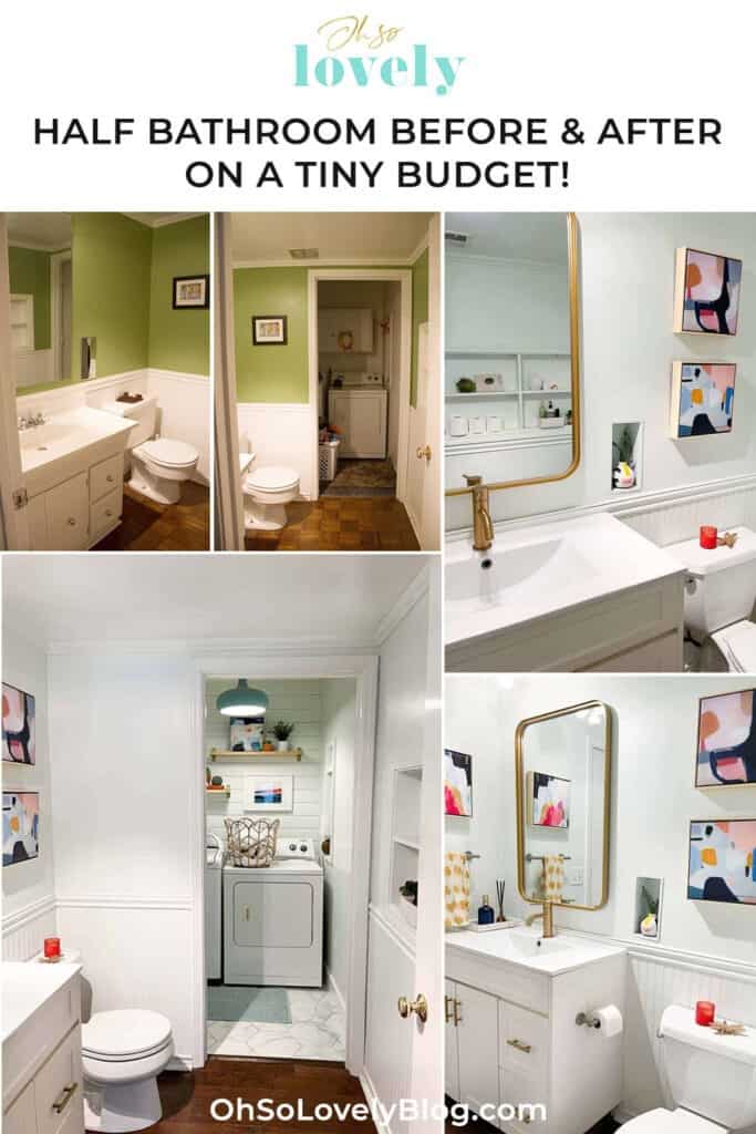 Half bathroom update on a small budget – featuring shaker cabinets from Cabinets Quick! From ugly, bright green to fresh, bright any airy!