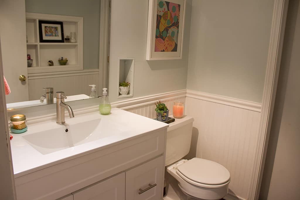 Join Audrey of Oh So Lovely Blog on a quick and super affordable in process tour of her half bathroom update featuring Cabinets Quick!