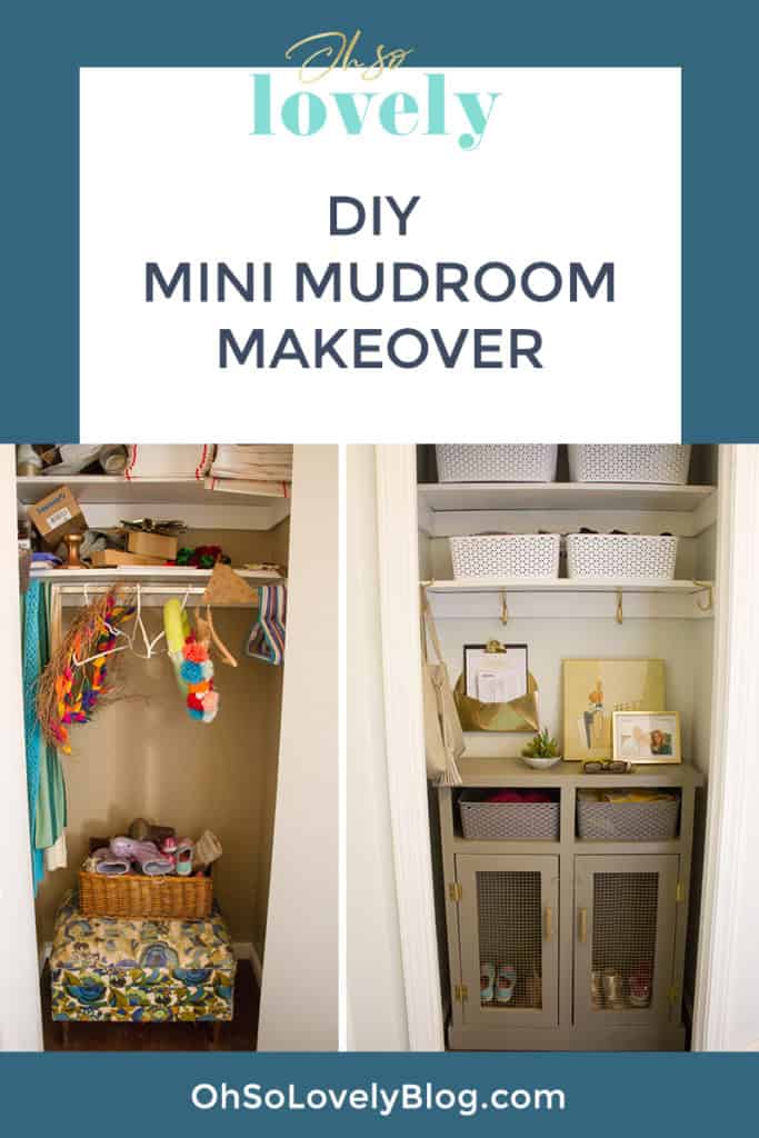 Audrey of Oh So Lovely Blog shares an easy and affordable DIY mini mudroom makeover featuring a custom console cabinet from Deer Lake Designs.