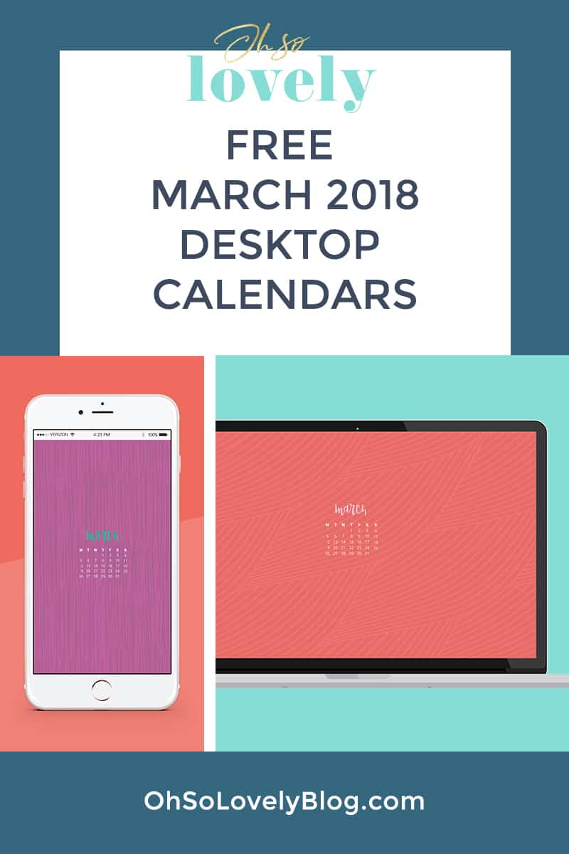 Audrey of Oh So Lovely Blog shares her free March desktop calendar wallpapers. There are 6 designs to choose from in both Sunday and Monday starts—also available for smart phone!