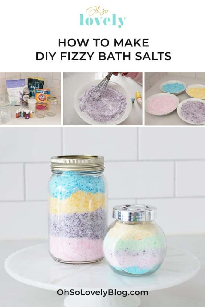 DIY fizzy bath salts – An easy and fun tutorial giving the same effect of a bath bomb with half of the work. Win-win!