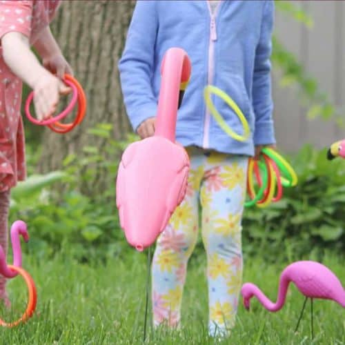 Audrey Kuether of Oh So Lovely shares a super fun and extremely easy DIY flamingo ring toss yard game tutorial—perfect for spring and summer!