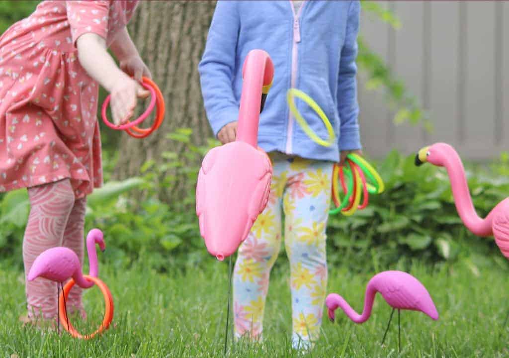 Audrey Kuether of Oh So Lovely shares a super fun and extremely easy DIY flamingo ring toss yard game tutorial—perfect for spring and summer!