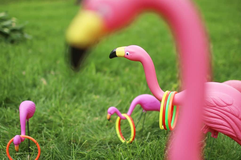 Audrey Kuether of Oh So Lovely shares a super fun and extremely easy DIY flamingo ring toss yard game tutorial—perfect for spring and summer!