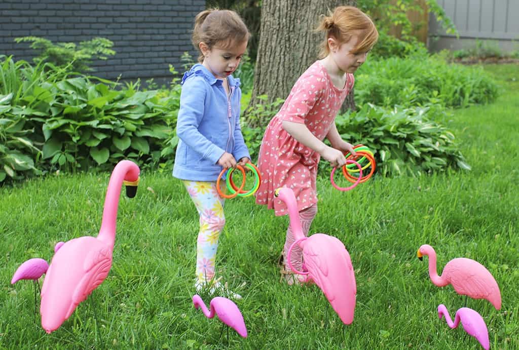 Audrey Kuether of Oh So Lovely shares a super fun and extremely easy DIY flamingo ring toss yard game tutorial—perfect for spring and summer!