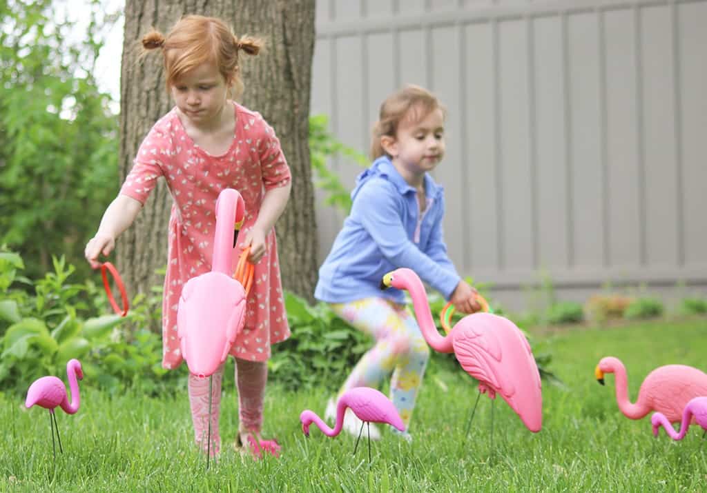 Audrey Kuether of Oh So Lovely shares a super fun and extremely easy DIY flamingo ring toss yard game tutorial—perfect for spring and summer!