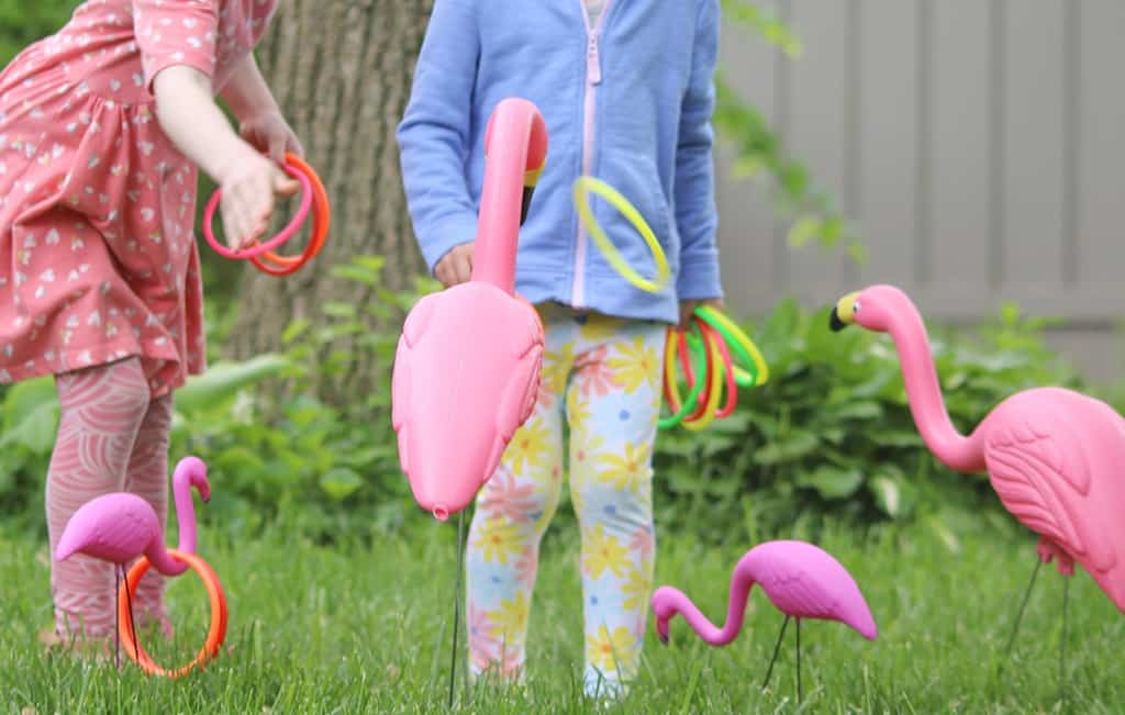 Audrey Kuether of Oh So Lovely shares a super fun and extremely easy DIY flamingo ring toss yard game tutorial—perfect for spring and summer!