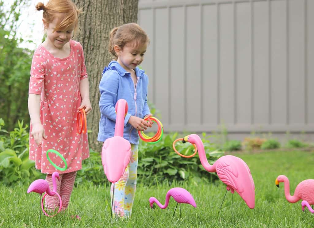 Audrey Kuether of Oh So Lovely shares a super fun and extremely easy DIY flamingo ring toss yard game tutorial—perfect for spring and summer!