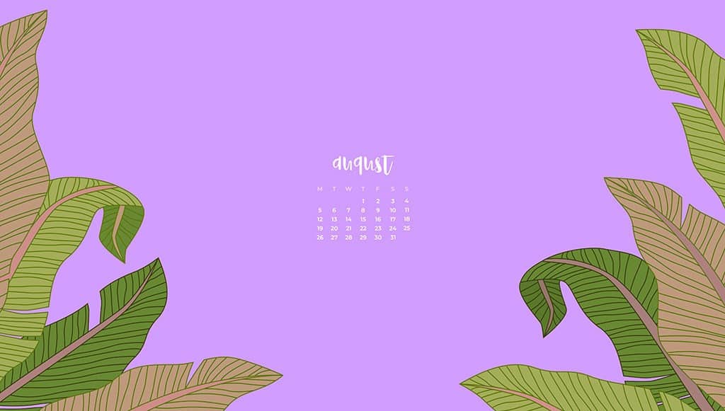 FREE August wallpaper calendars purple and palm leaf august calendar