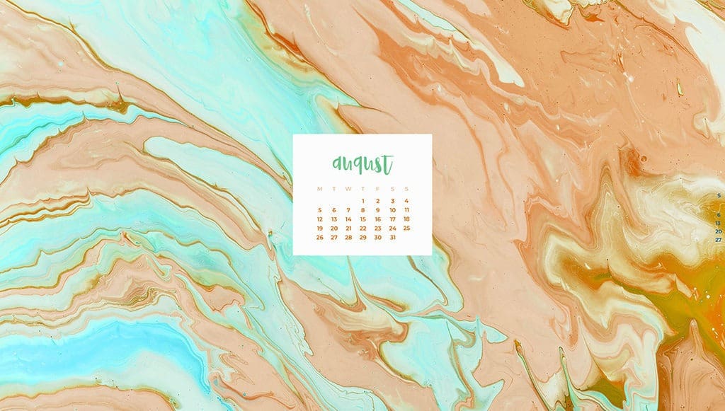 FREE August wallpaper calendars rust orange and aqua turquoise swirl paint August desktop calendar
