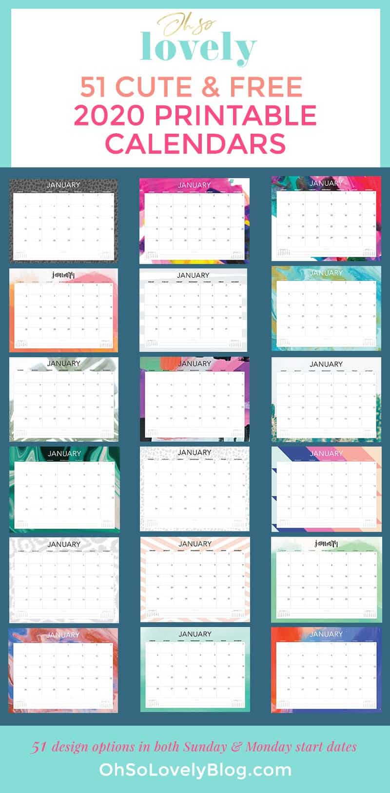 51 FREE 2020 PRINTABLE CALENDARS, Oh So Lovely Blog