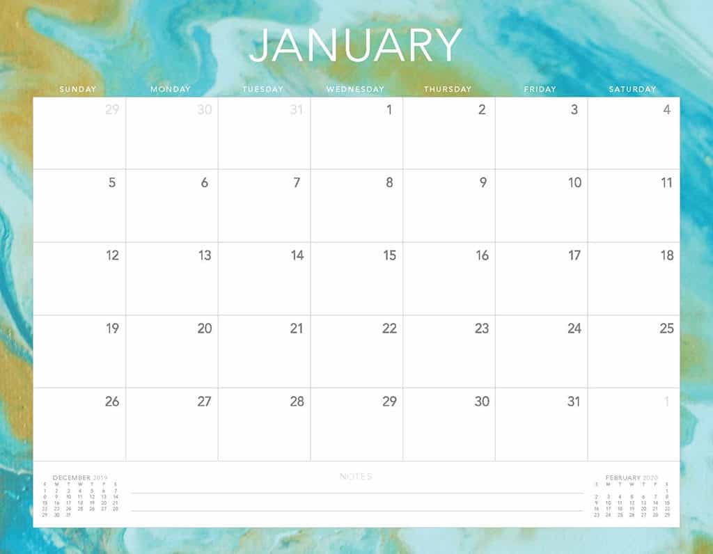 gold and turquoise 2020 free calendar