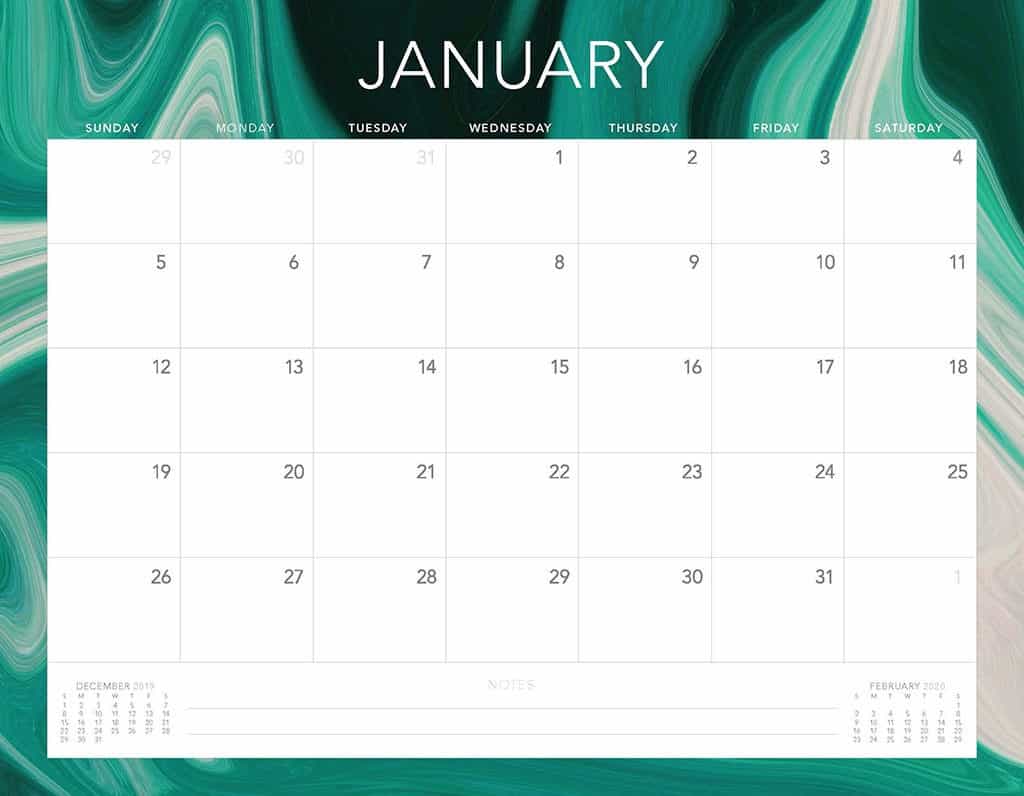 green swirls 2020 free calendar