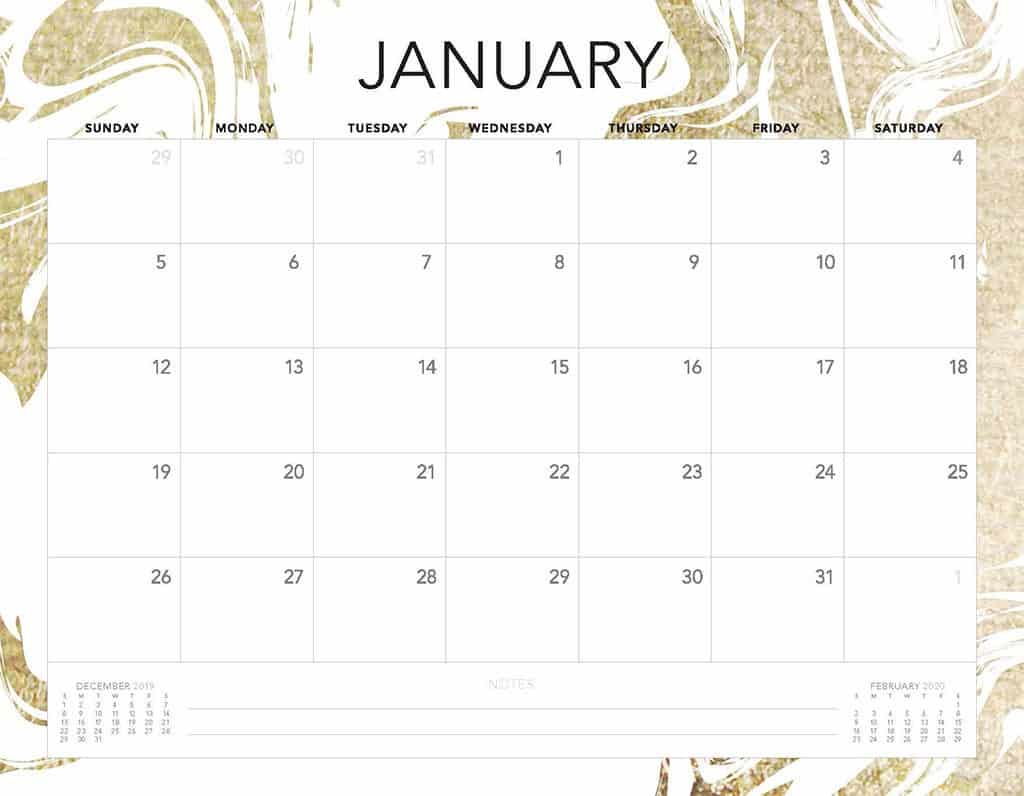 gold swirls 2020 free calendar