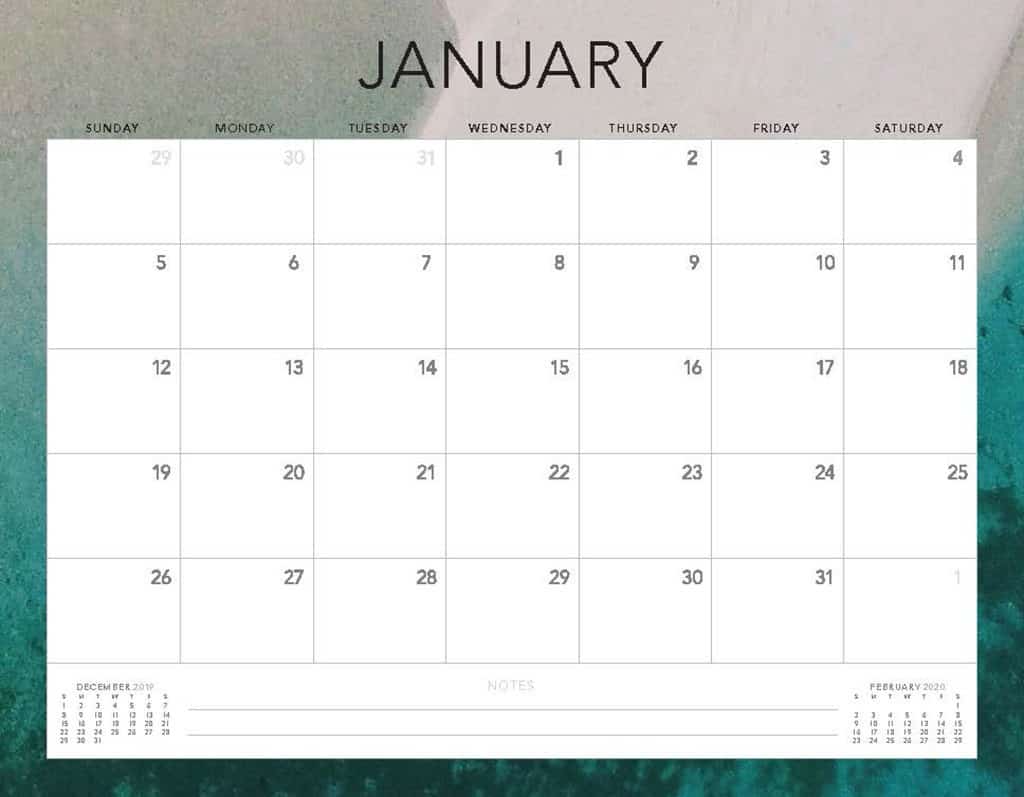 grey and turquoise 2020 free calendar