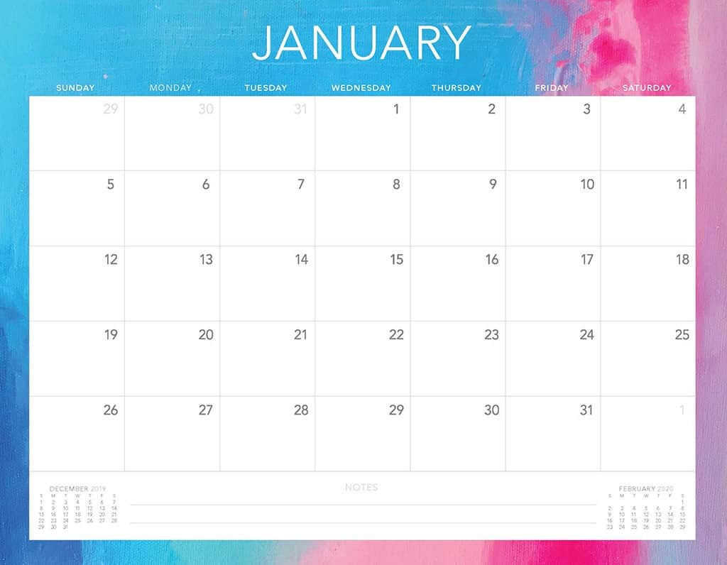 pink and blue 2020 free calendar