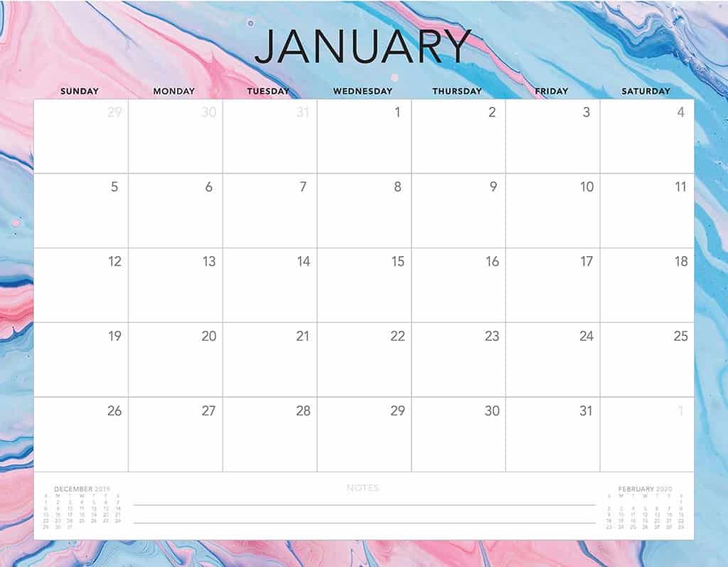 blue and pink 2020 free calendar