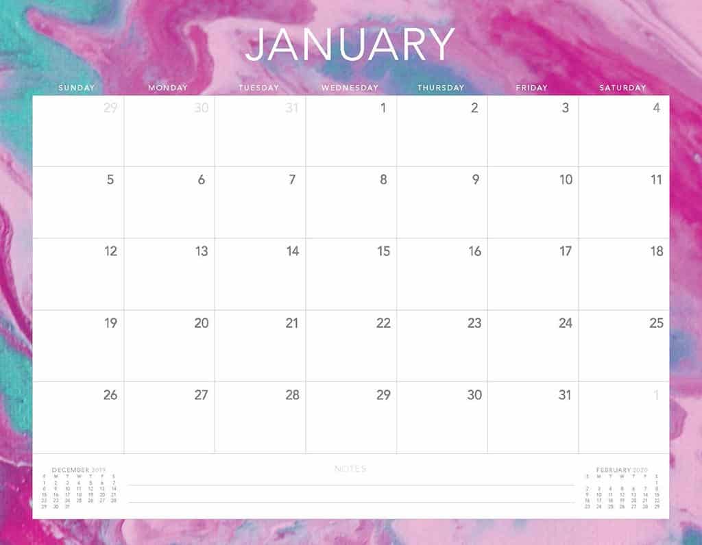 turquoise and pink 2020 free calendar