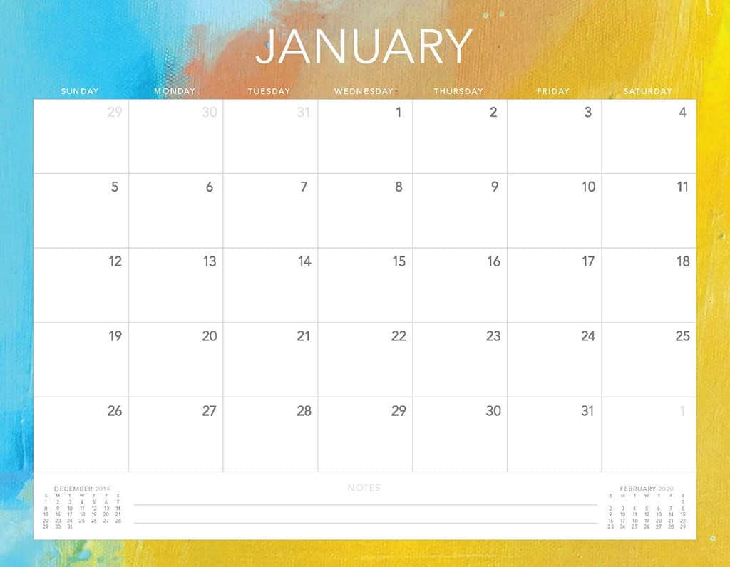 blue and yellow 2020 free calendar