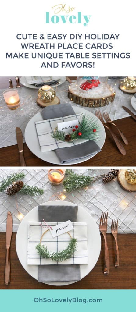 These easy DIY holiday mini wreath place cards make the easiest and most unique place settings for any holiday. Bonus: Your guests can take them home as favors!