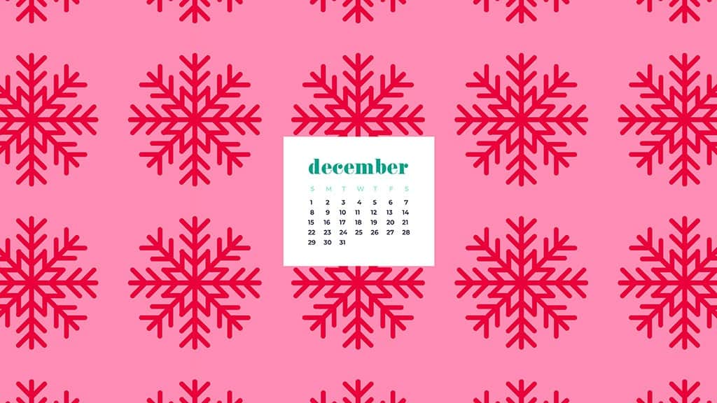 free December wallpaper calendars — red and pink snowflakes