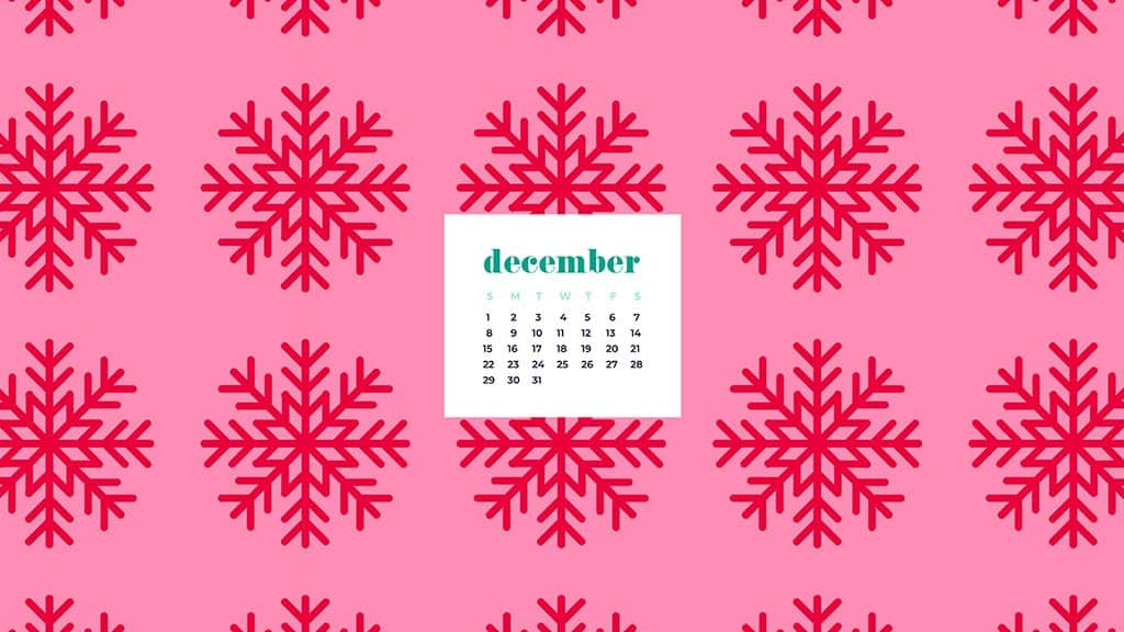 free December wallpaper calendars — red and pink snowflakes