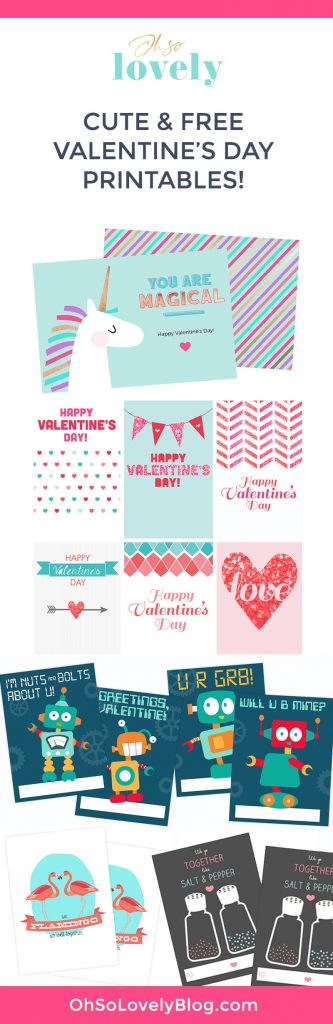 Free Valentine's Day printables! 5 cute designs to choose from – unicorns, robots, glittery designs, and many more. Happy Valentine's Day!