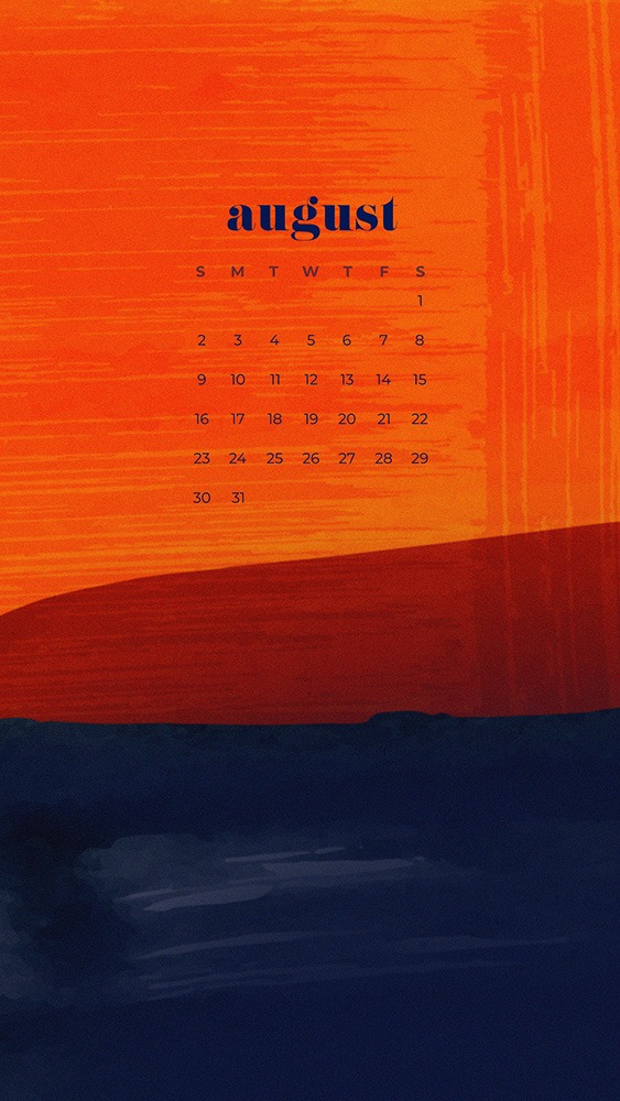 Orange and navy modern abstract august wallpaper calendar