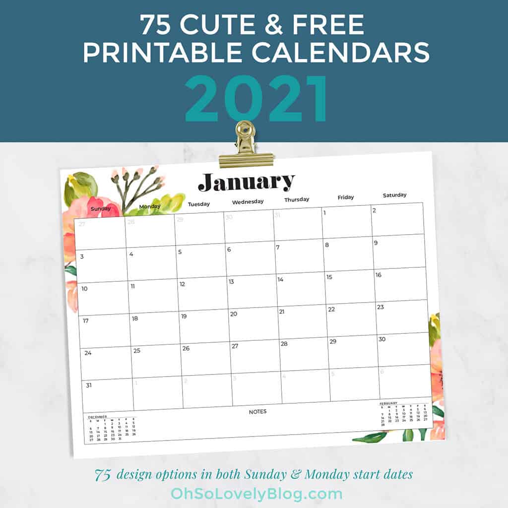 Free 2021 calendars — 75 beautifully designed January through December options in both Sunday and Monday starts. Download yours today!