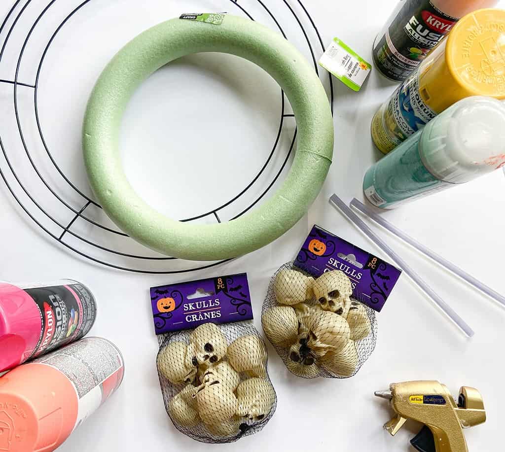 DIY skull Halloween wreath supplies