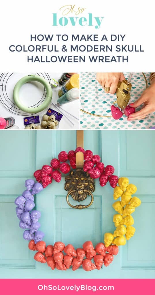 Learn how to make a DIY colorful and modern skull Halloween wreath that will look amazing on your front door this fall. So festive!