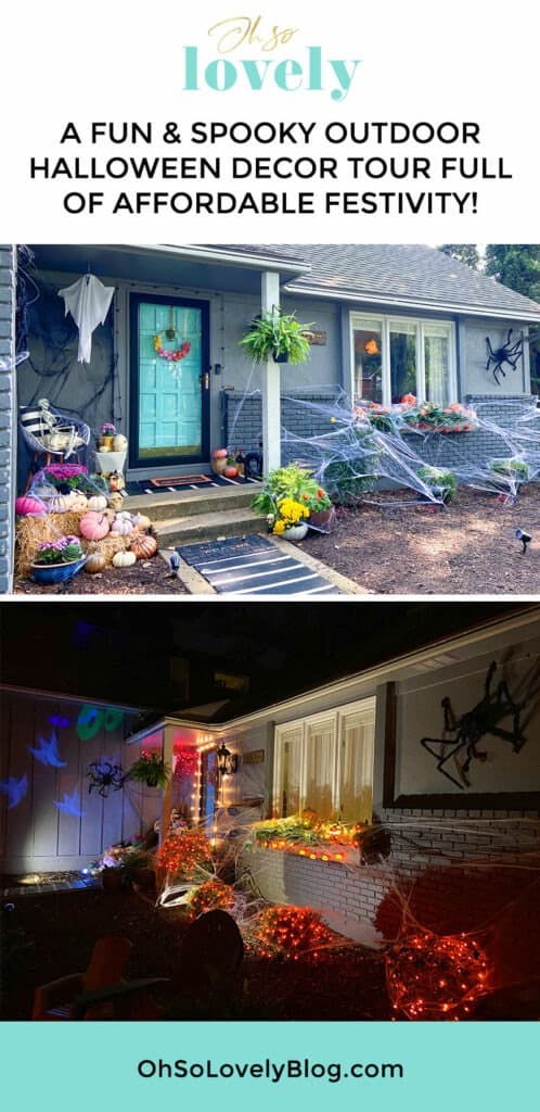 A fun & unique outdoor Halloween decor tour – at both day and nighttime! Full of affordable festivity & spookiness!