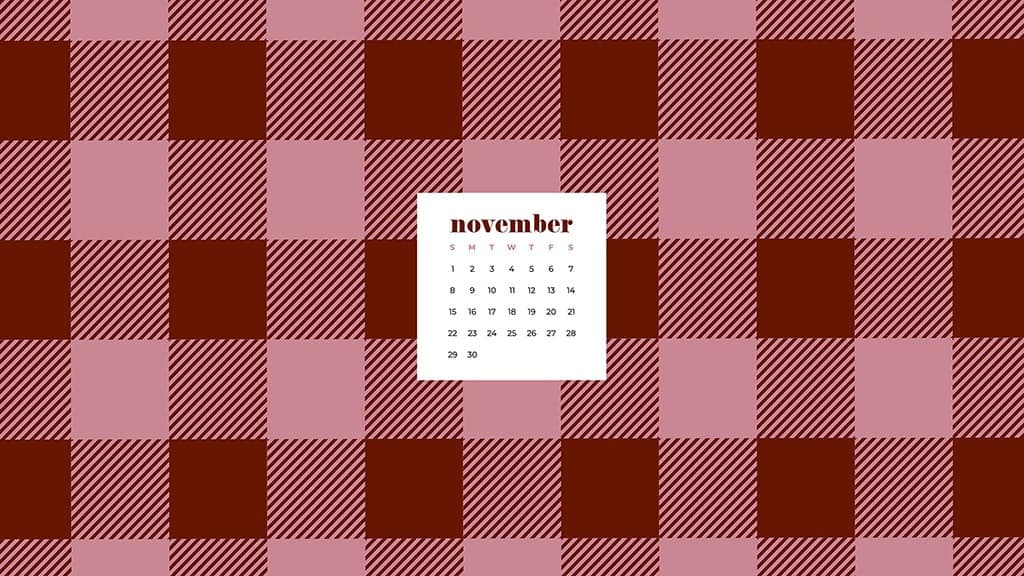 Free November 2020 desktop calendar wallpapers — pink and maroon buffalo check