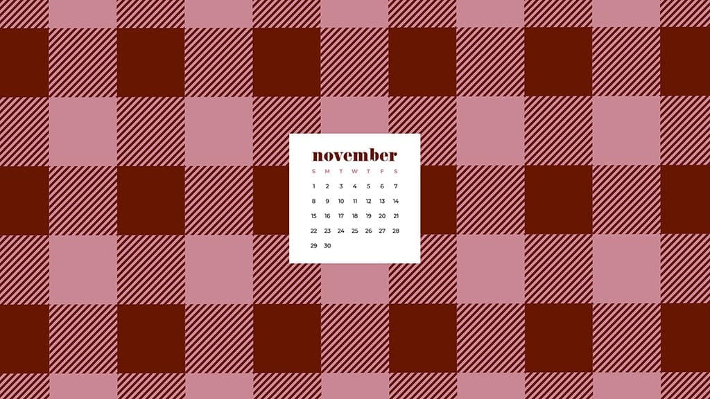 Free November 2020 desktop calendar wallpapers — pink and maroon buffalo check