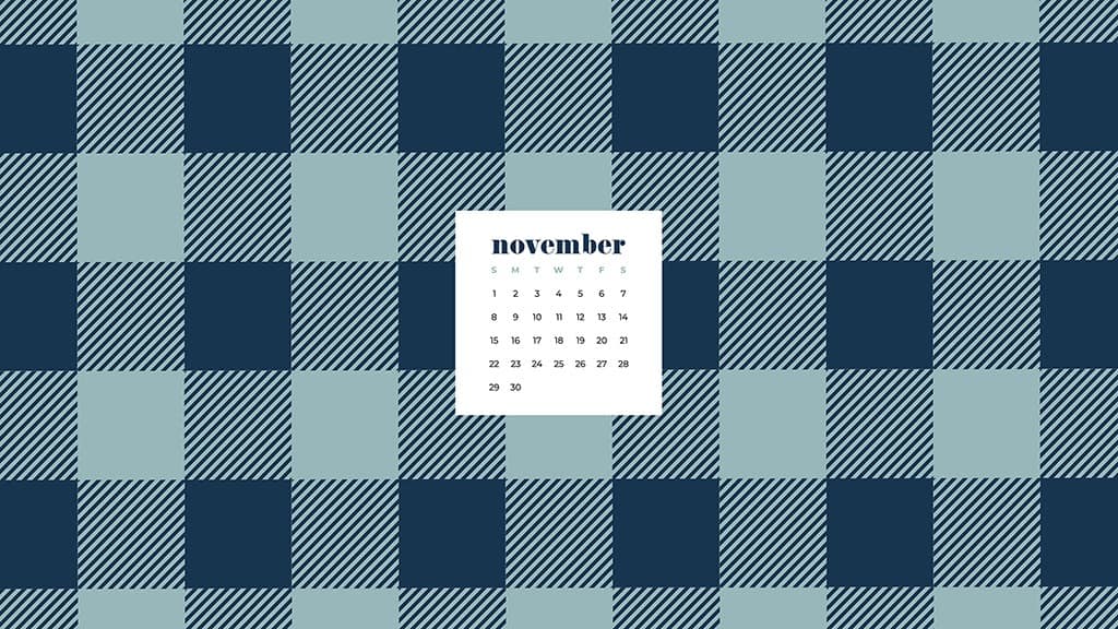 Free November 2020 desktop calendar wallpapers — turquoise and navy buffalo check