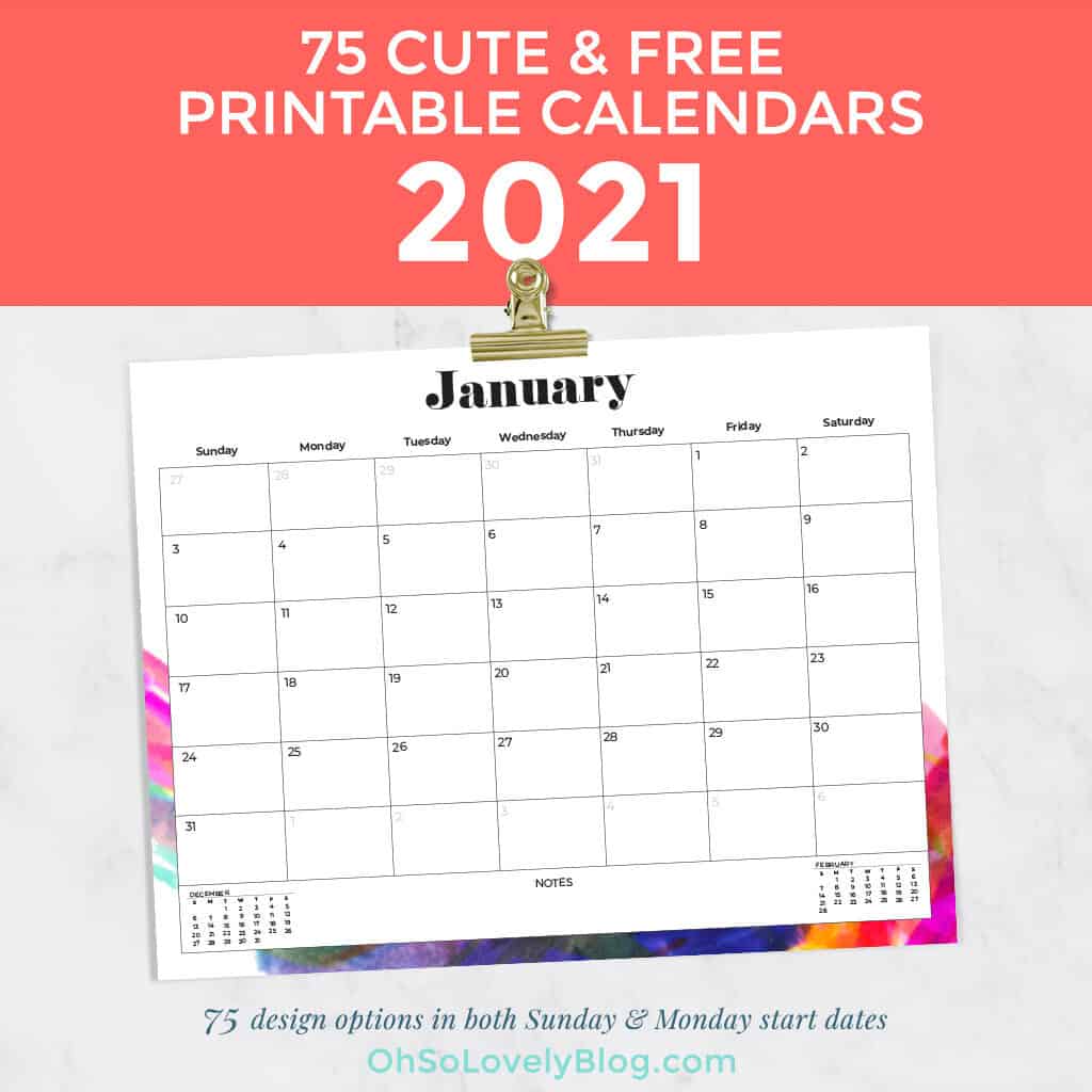 Free 2021 calendars — 75 beautifully designed January through December options in both Sunday and Monday starts. Download yours today!