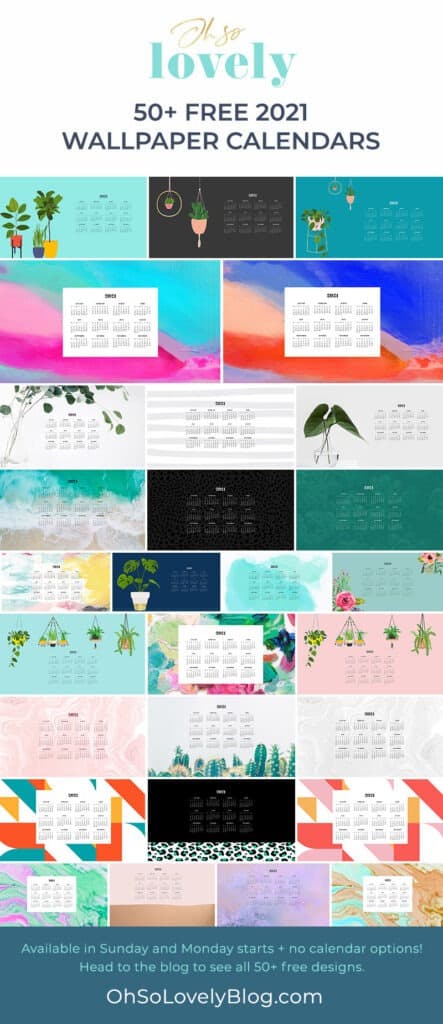 FREE 2021 wallpaper calendars – 50+ cute design options to choose from in both Sunday and Monday starts. Dress your tech for the new year!