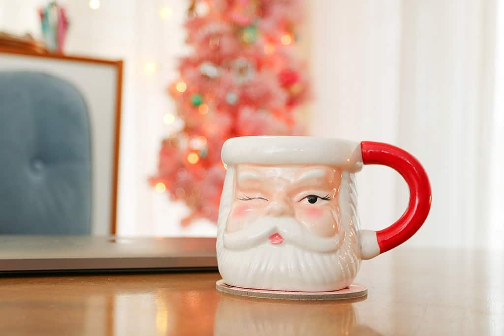 Santa holiday mug and pink tree