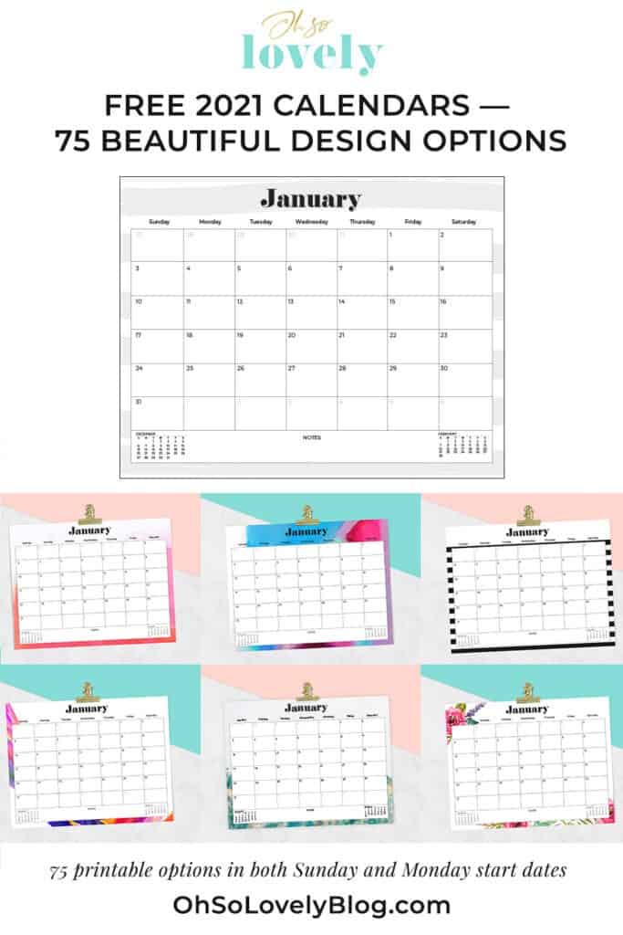 Free 2021 calendars — 75 beautifully designed January through December options in both Sunday and Monday starts. Download yours today!