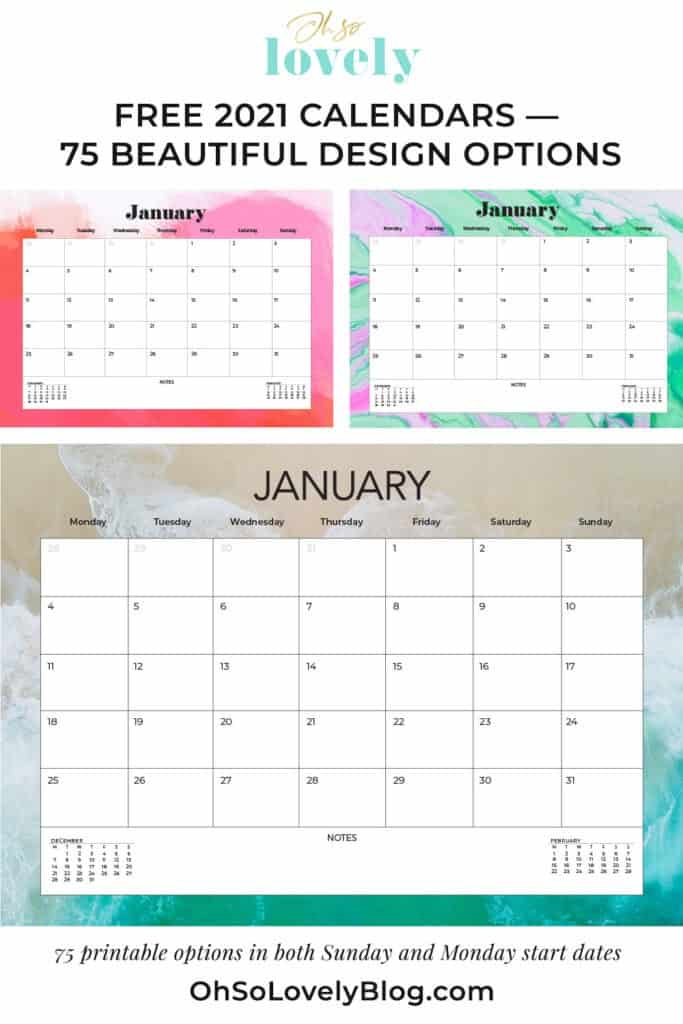 Free 2021 calendars — 75 beautifully designed January through December options in both Sunday and Monday starts. Download yours today!