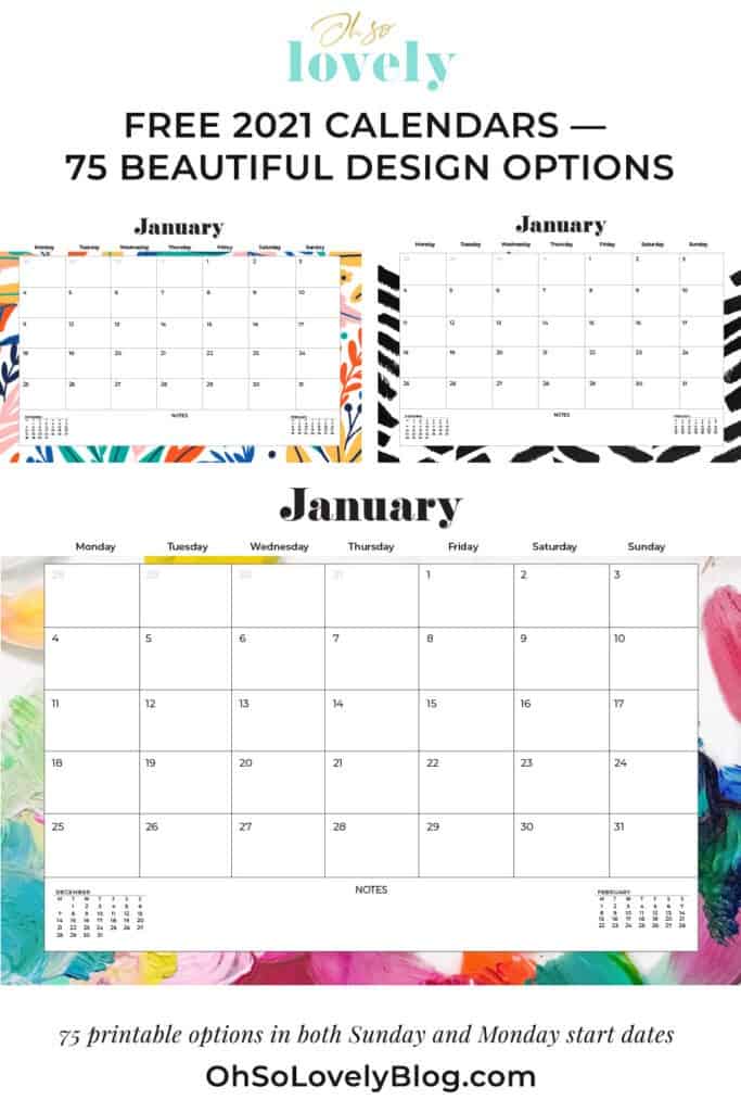 Free 2021 calendars — 75 beautifully designed January through December options in both Sunday and Monday starts. Download yours today!