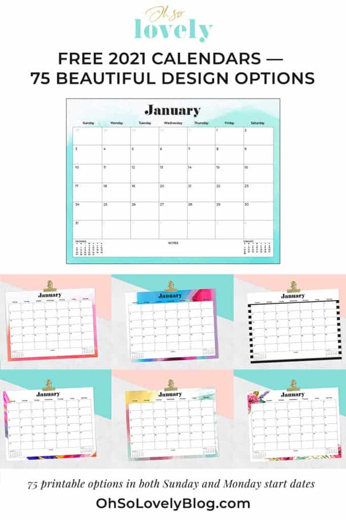 Free 2021 calendars — 75 beautifully designed January through December options in both Sunday and Monday starts. Download yours today!