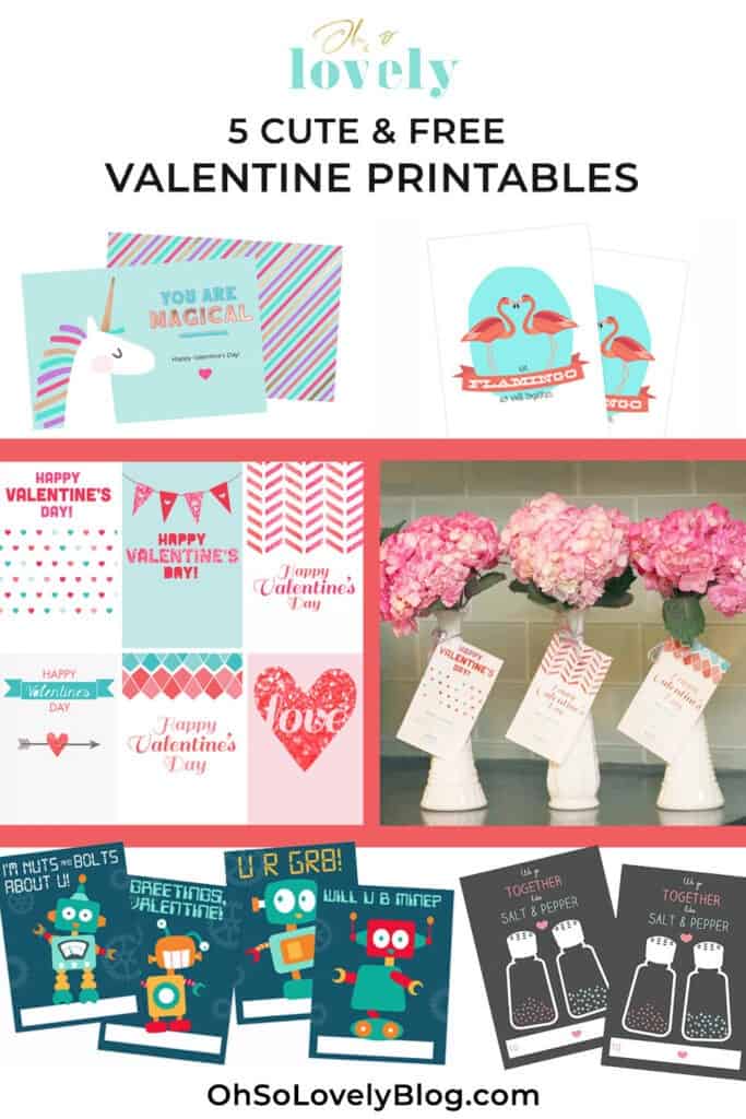 Free Valentine's Day printables! 5 cute designs to choose from – unicorns, robots, glittery designs, and many more. Happy Valentine's Day!