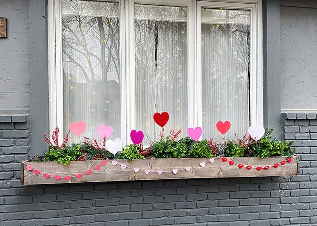 Valentine's Day outdoor decor – 3 easy and affordable ideas for your front porch window boxes, trees, and more. So festive!